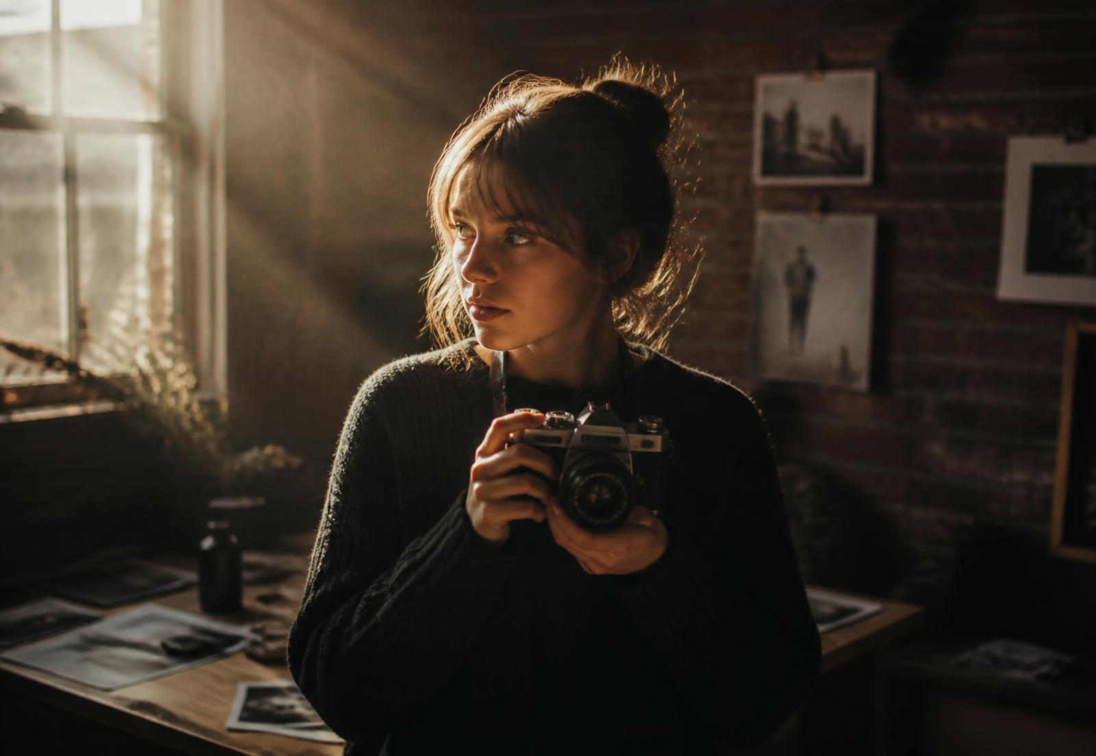 A student holding a 35mm film camera in the Vignette Spark studio, lit by late afternoon window light